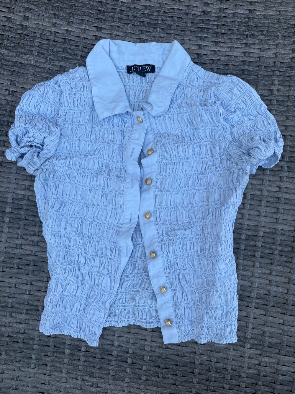 J. Crew Light Blue Smocked Short Sleeve Button-Up Top